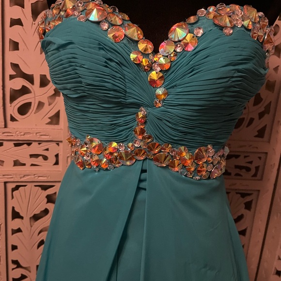 BLUSH PROM JAZZY JEWELS TURQUOISE GREEN STRAPLESS MAXI FORMAL PROM DRESS GOWN - Picture 3 of 11